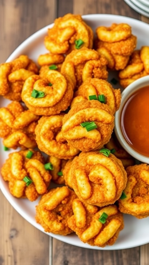 Crispy quinoa puffs on a plate, garnished with herbs and served with dipping sauce.